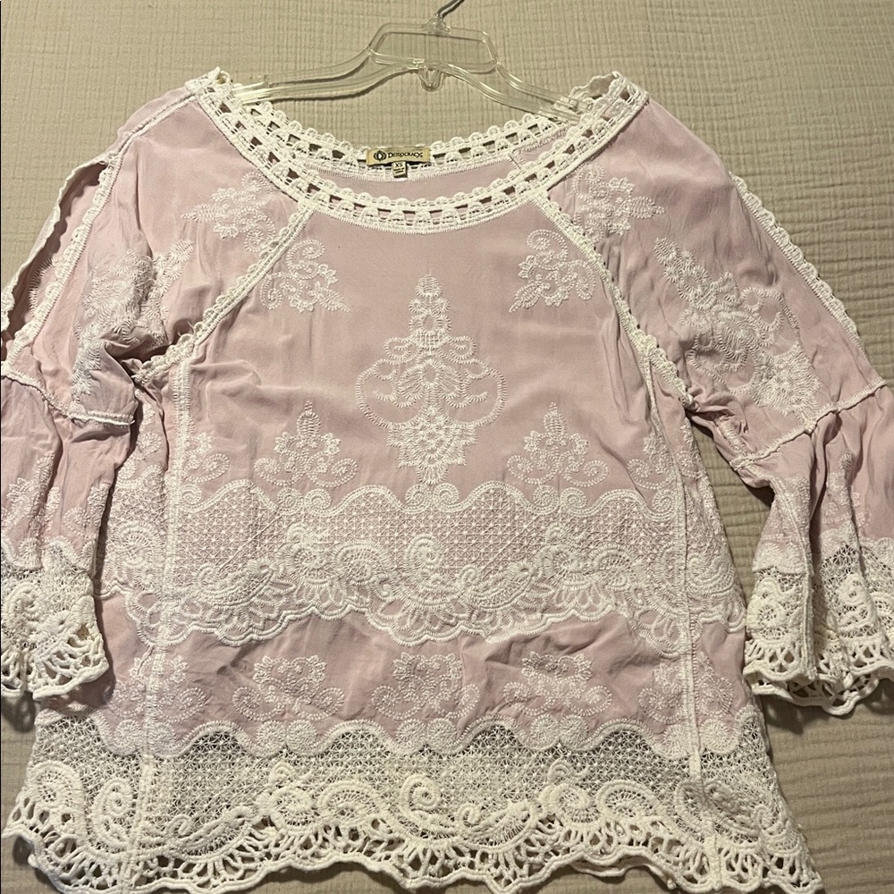 Democracy Top Embroidered Crochet Boho 3/4th Bell Sleeve Scoop neck Scallop Hem